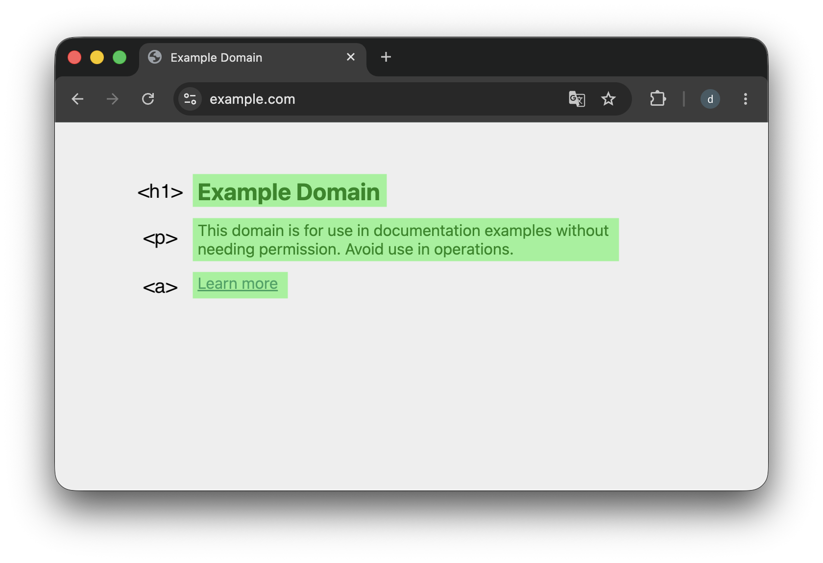 HTML을 렌더링한 Example Domain 화면
